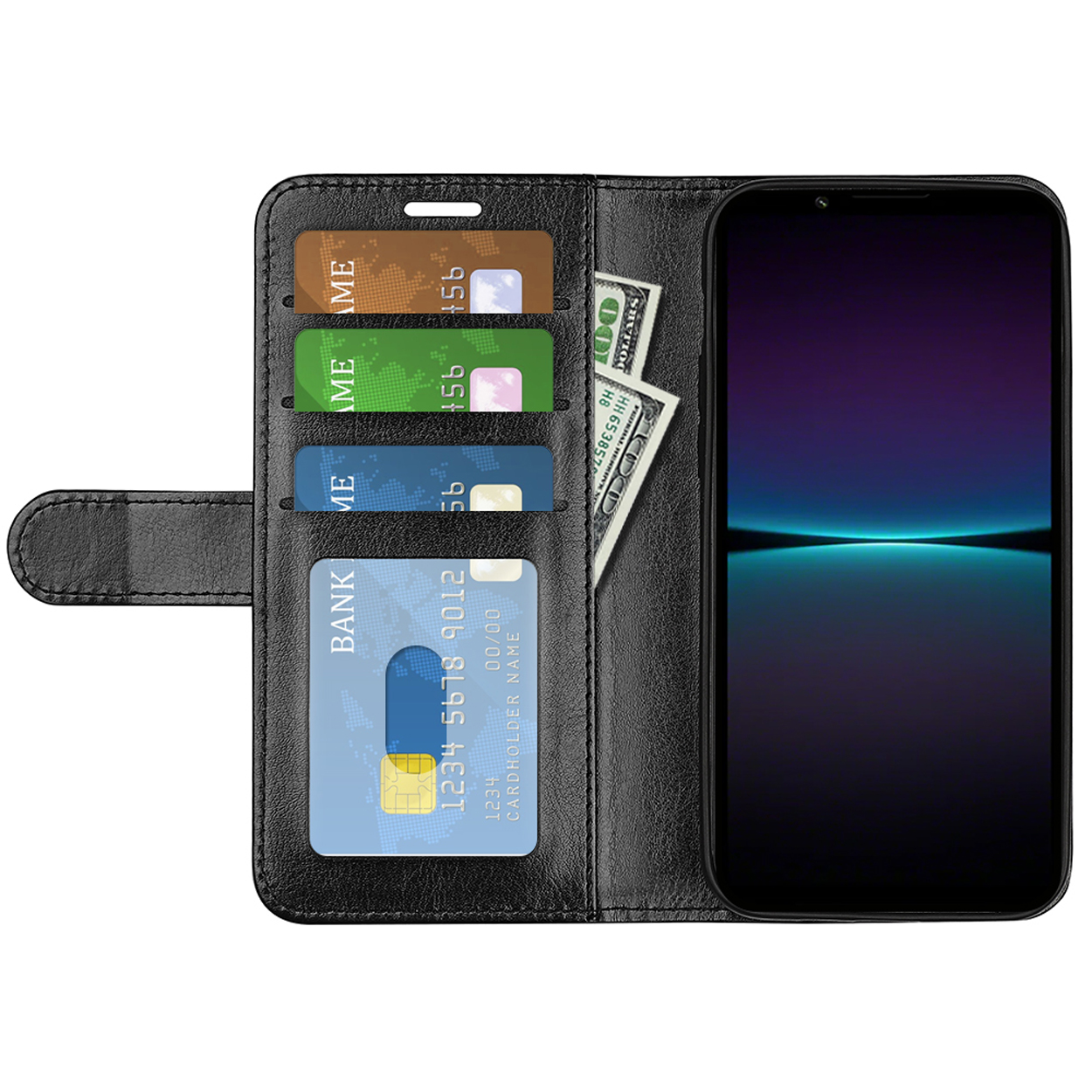 Étui noir ouvert avec téléphone, cartes et argent. Le téléphone affiche un dégradé bleu.