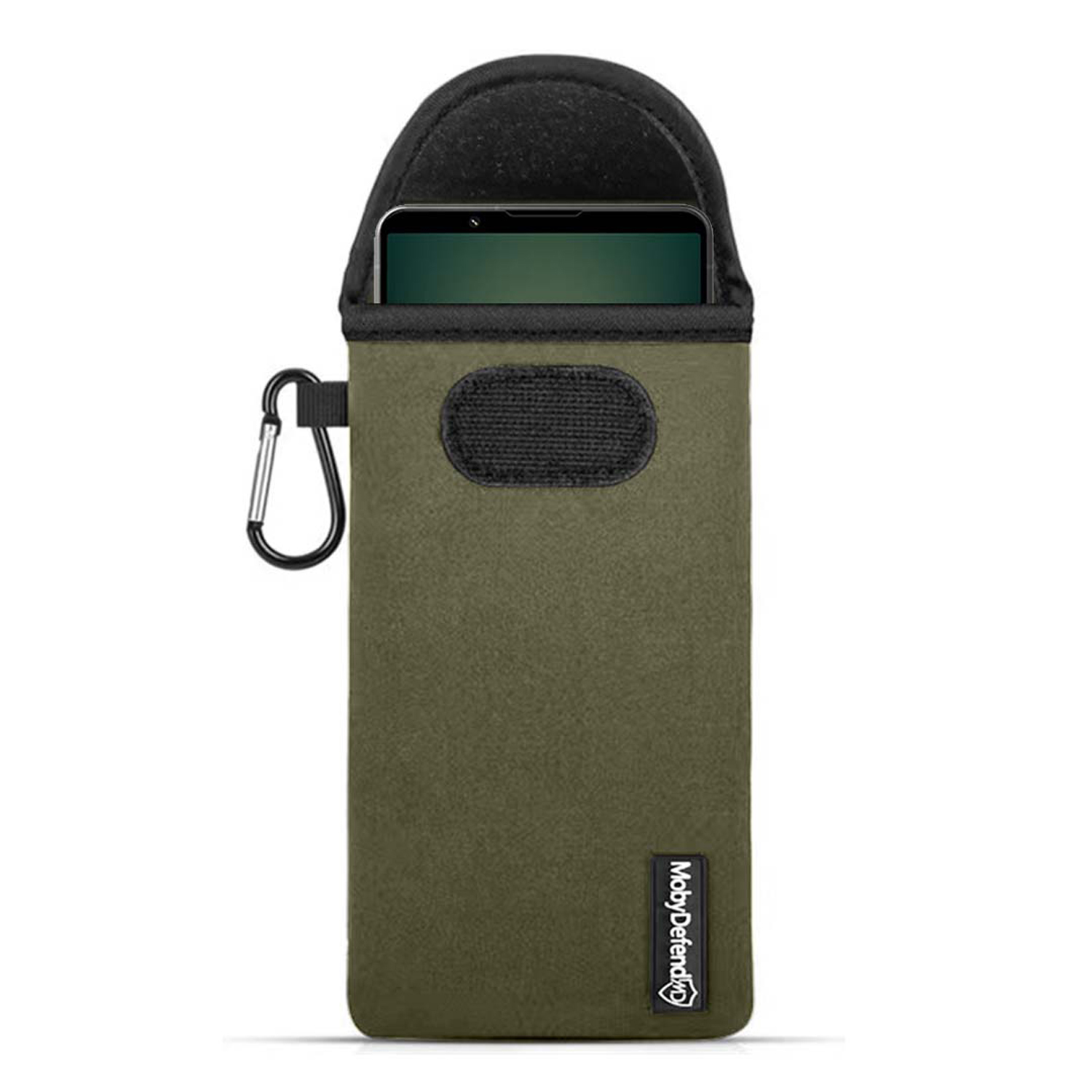 Groene telefoonzak met een zwarte telefoon. Een karabijnhaak is bevestigd.