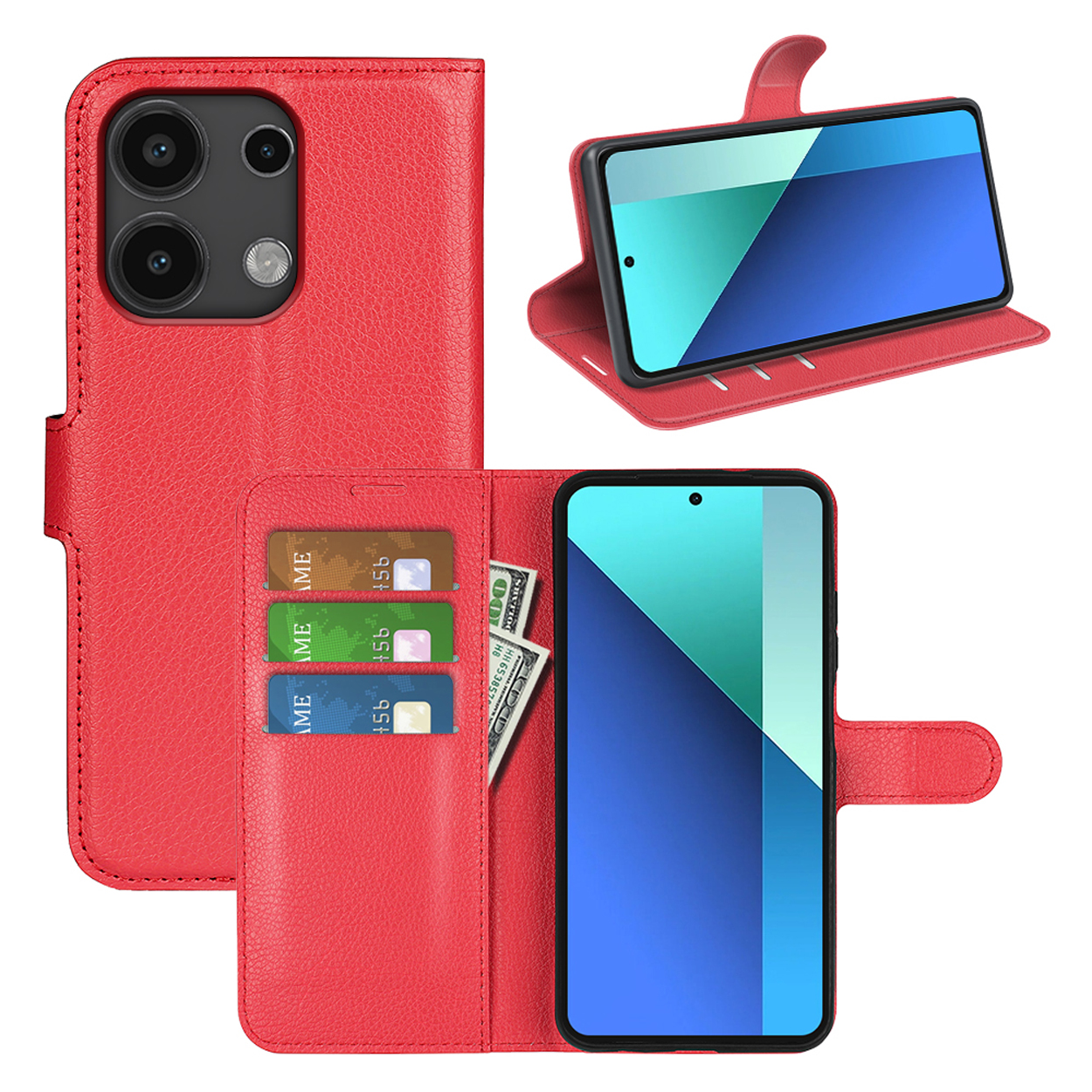 Étui portefeuille rouge pour téléphone, ouvert, avec cartes et argent, et un écran de téléphone visible.
