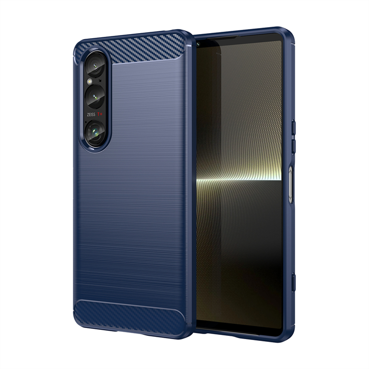 Blauwe telefoonhoes, tweedelig, getextureerd oppervlak, koolstofvezeldetail. Telefoonscherm zichtbaar.