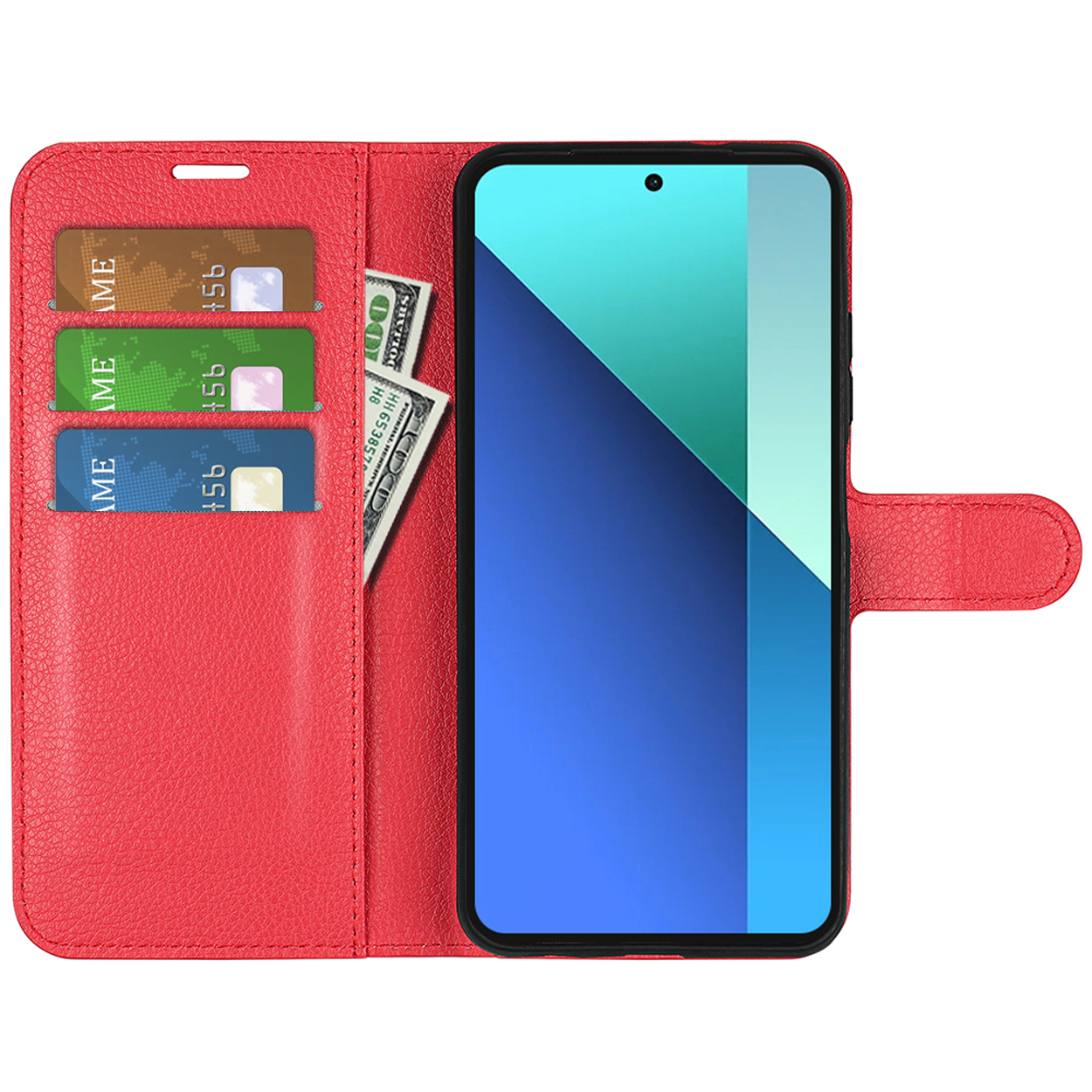 Étui de téléphone en cuir rouge, contenant un smartphone, des cartes de crédit et un billet d'un dollar.