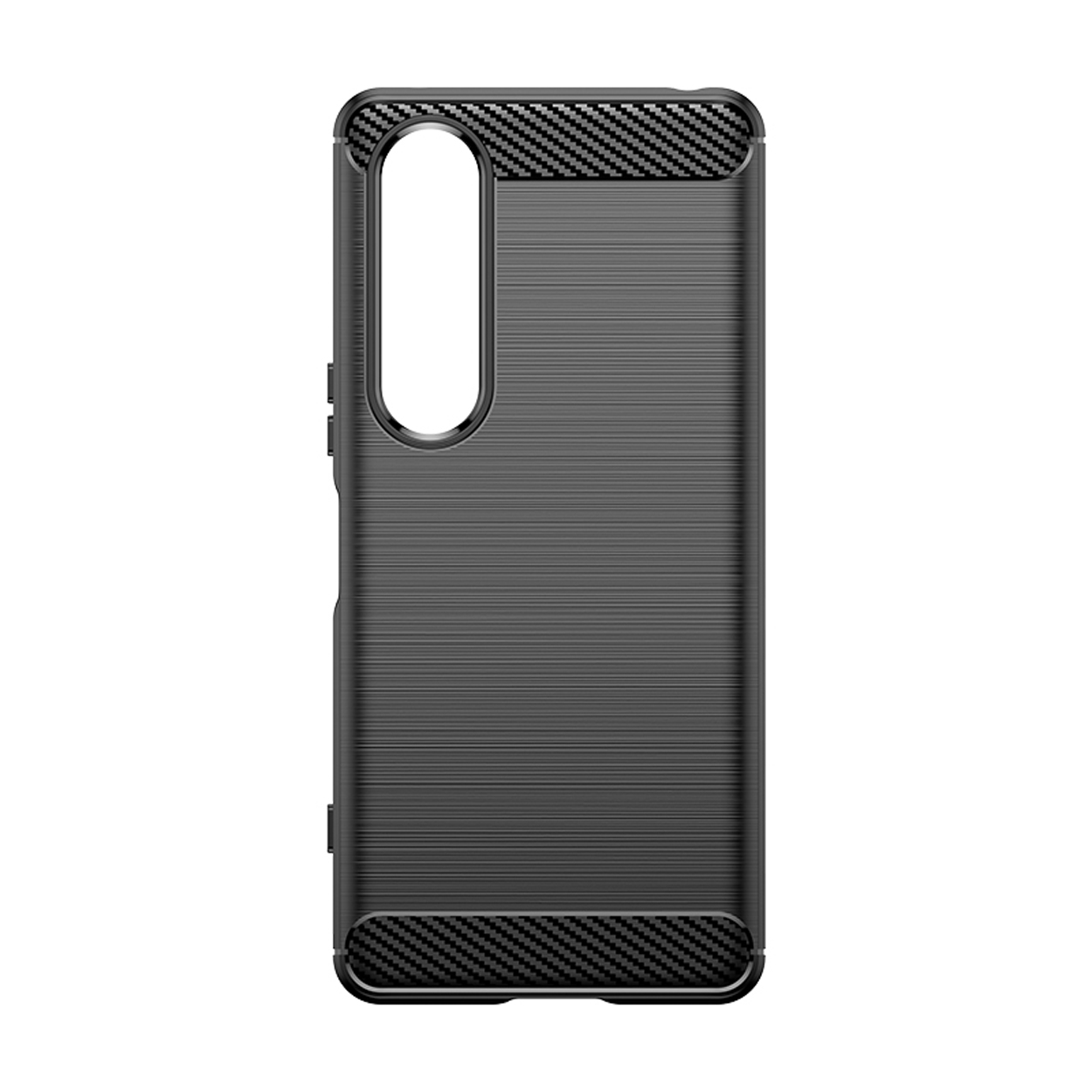 Zwarte telefoonhoes met een getextureerde carbonfiber-look.