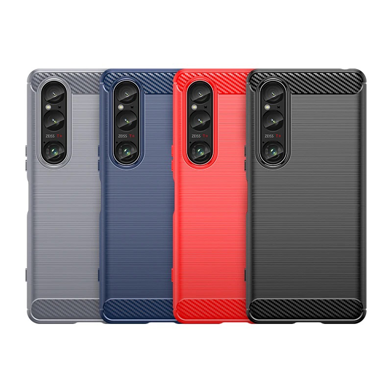 Vier telefoonhoesjes in verschillende kleuren: grijs, blauw, rood en zwart. Ze hebben een textuurontwerp.