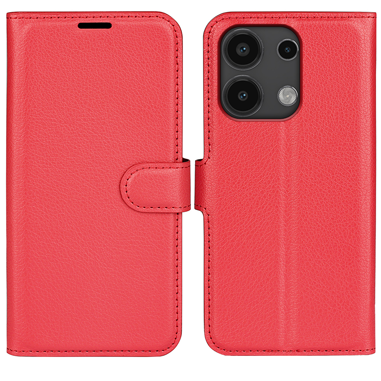 Étui de téléphone rouge style portefeuille en cuir, fermé et ouvert. Téléphone visible à l'intérieur.