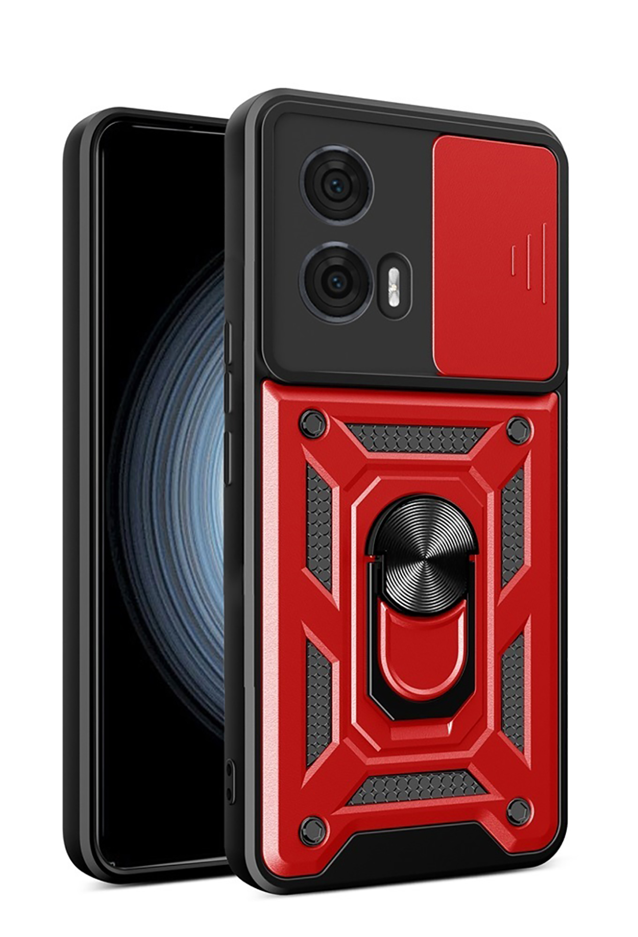 Rood en zwart telefoonhoesje op een telefoon met een ringhouder.