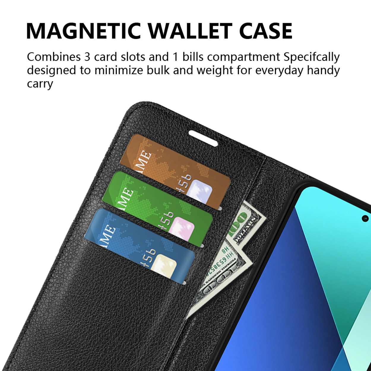 Étui de téléphone en cuir noir, ouvert, avec cartes et espèces. Un téléphone est visible.