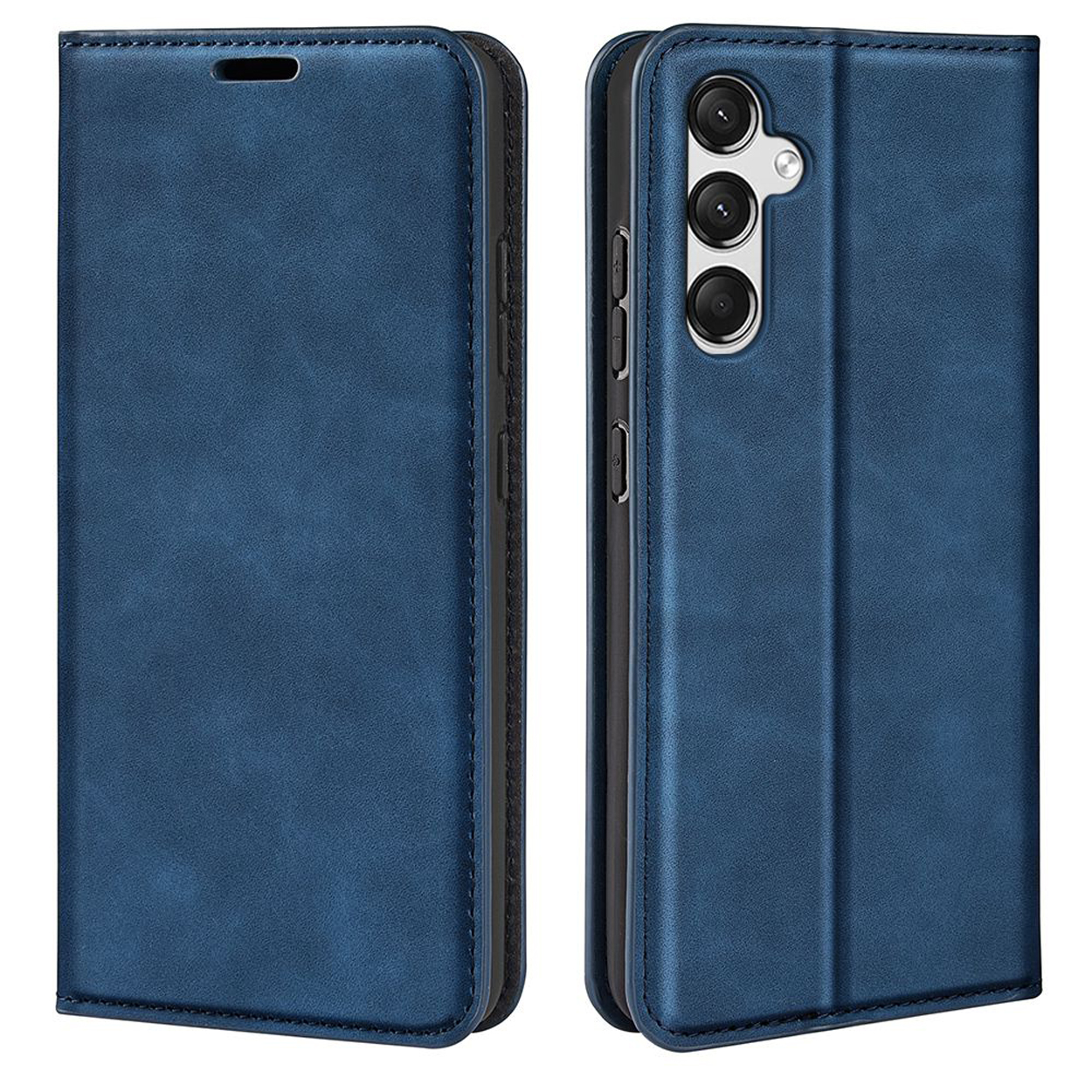 Blauwe leren telefoonhoes, gesloten en open. Telefoon zichtbaar binnenin.