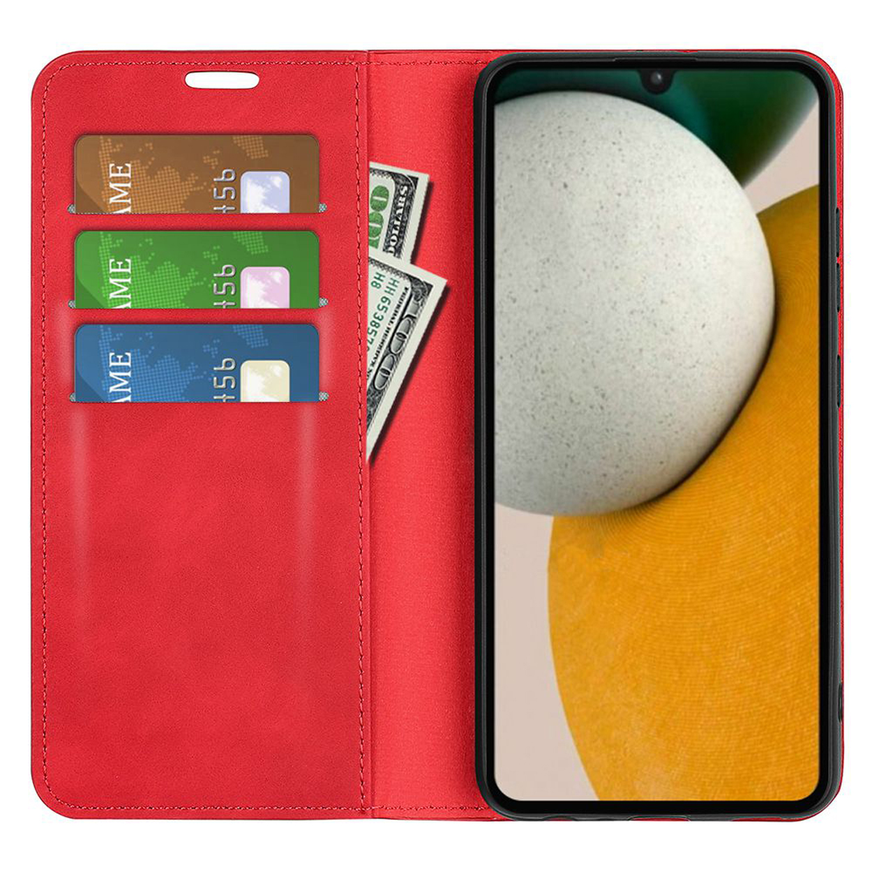 Rode telefoonhoes open, toont telefoon en kaarten. Kaarten zijn groen, blauw en bruin. Scherm staat aan.