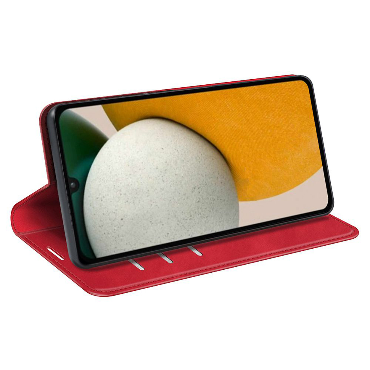 Een rode telefoonhoes open, met een telefoon met een witte bal op het scherm. De achtergrond is geel.