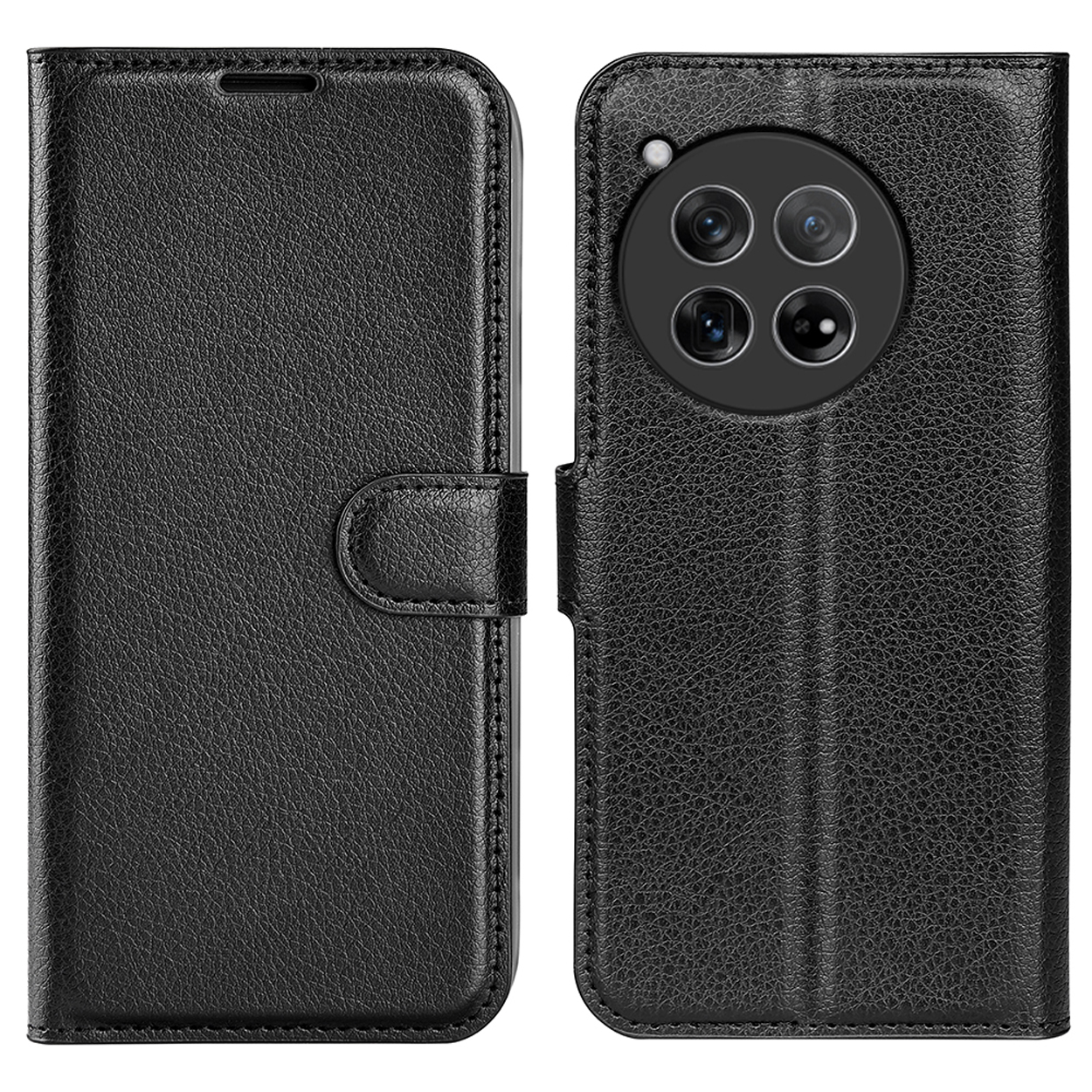 Schwarze Leder-Handyhülle, geschlossen und offen. Telefon hat mehrere Objektive.