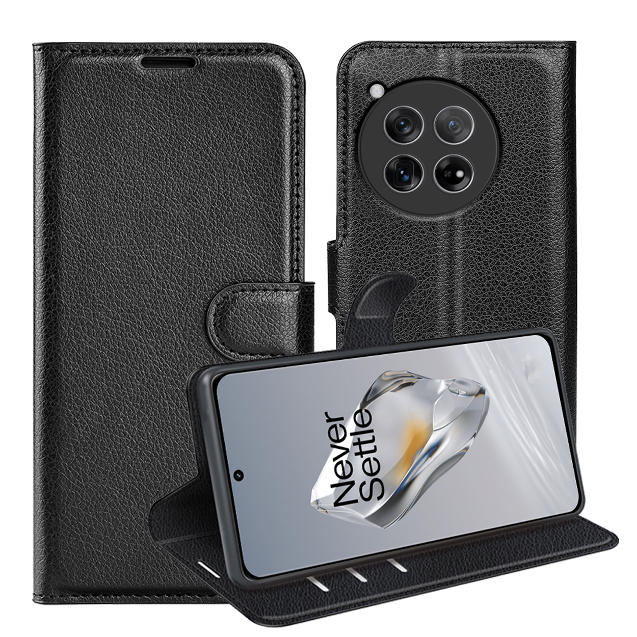Schwarze Leder-Handyhülle mit Telefon. Die Hülle hat einen Magnetverschluss.