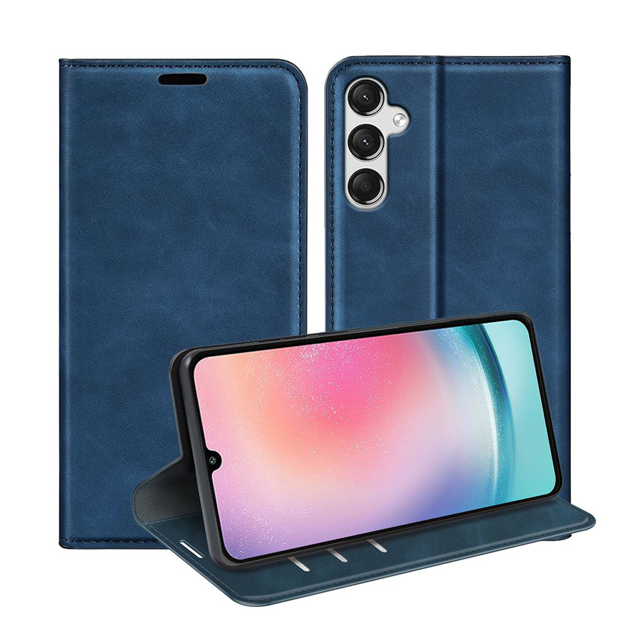 Blauwe telefoonhoes, open, met een telefoon erin. Het scherm van de telefoon is zichtbaar.