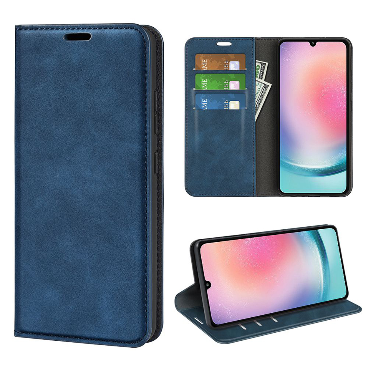 Blauw telefoonhoesje, gesloten en open, met sleuven voor kaarten en geld. De telefoon zit erin.