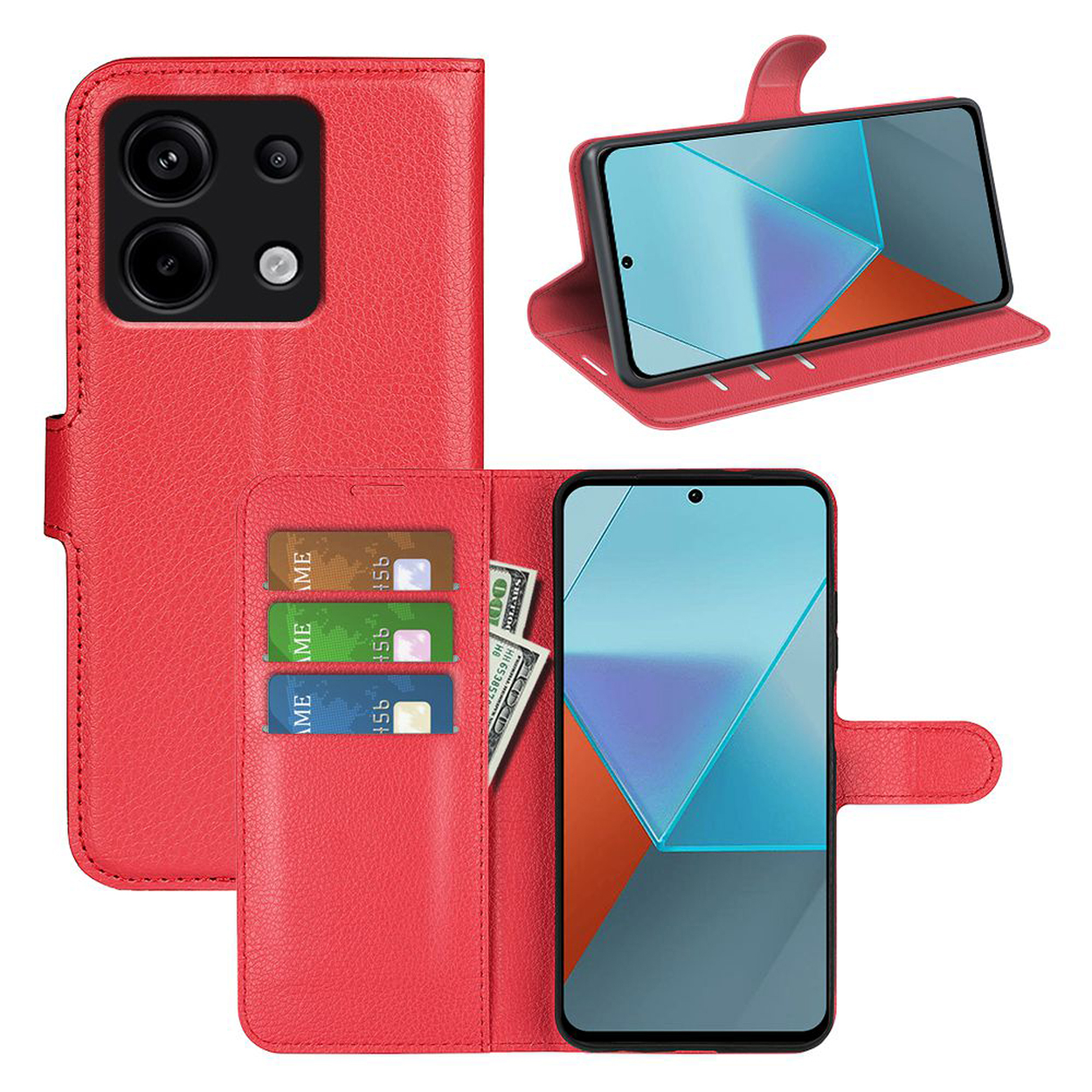 Étui de téléphone en cuir rouge avec smartphone, cartes et dollar. Étui ouvert et fermé.