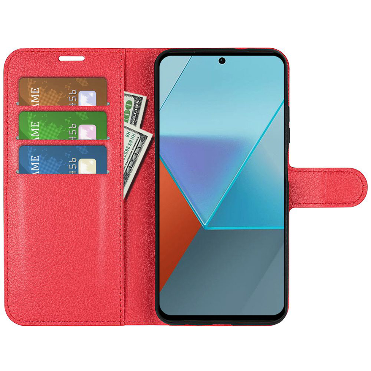 Étui de téléphone rouge style portefeuille, ouvert. Cartes, argent et téléphone sont visibles.