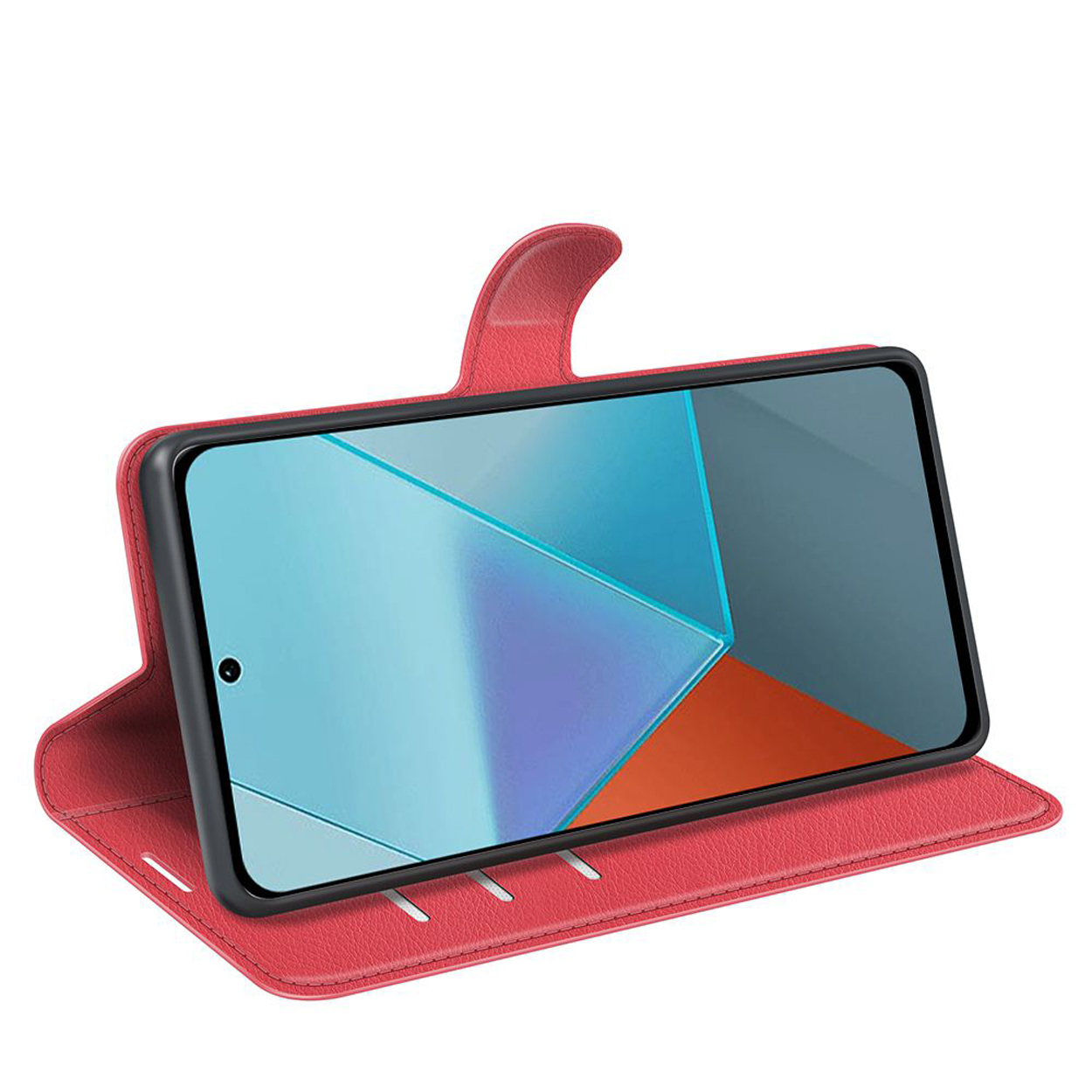 Coque de téléphone rouge avec un téléphone affichant un design bleu et blanc. Étui ouvert.
