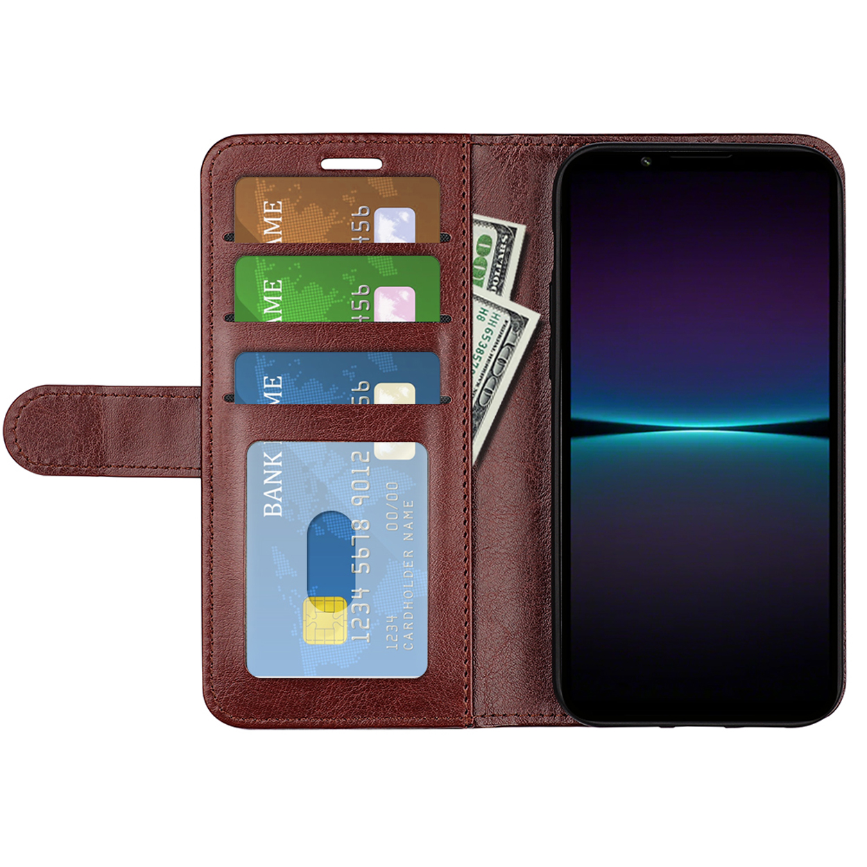 Bruine telefoonhoes open met kaarten en geld. Telefoon is zwart met een donkerblauw verloop.