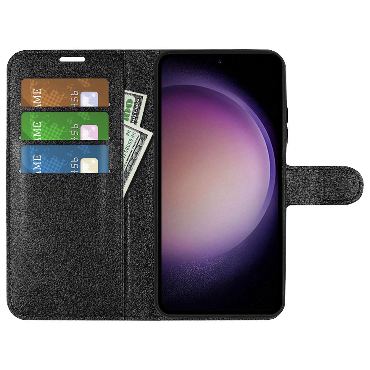 Zwart telefoonhoesje met kaartsleuven, een dollarbiljet en creditcards.
