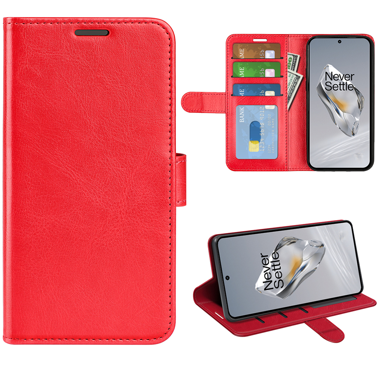 Rode telefoonhoes met kaarten, geld en een telefoon met Never Settle logo.