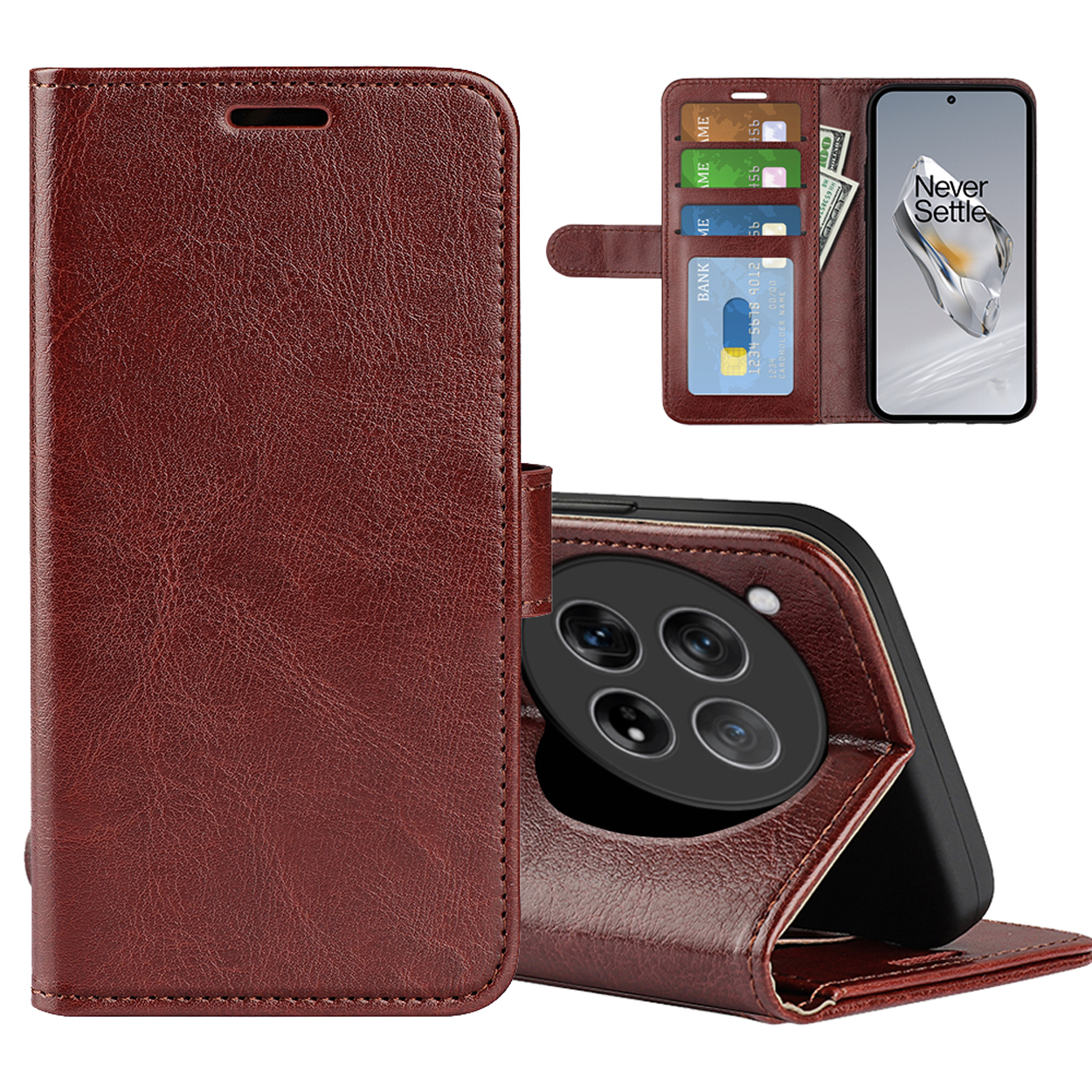 Étui de téléphone marron, ouvert, avec téléphone, cartes et argent. Écran avec image.