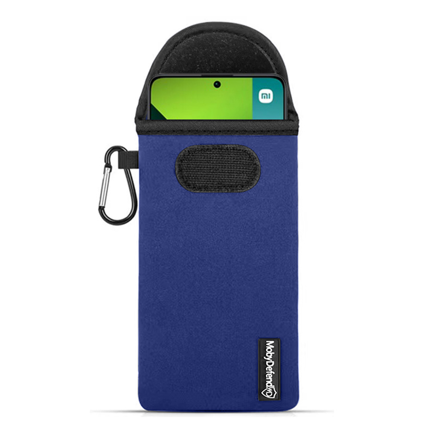 Pochette de téléphone bleue avec un téléphone à l'intérieur et un mousqueton argenté.