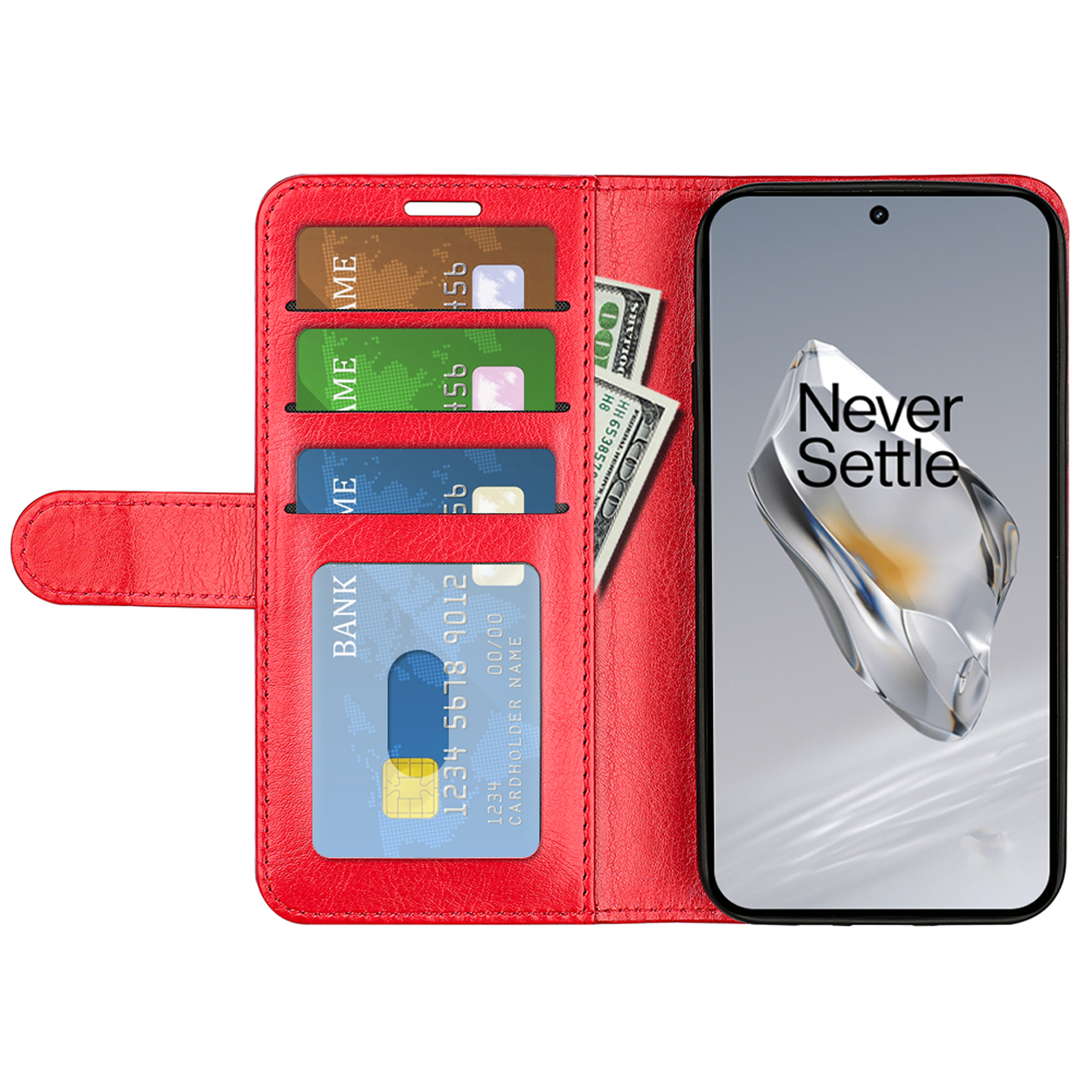 Rode telefoonhoes met creditcardvakken en een telefoon met 'Never Settle'.