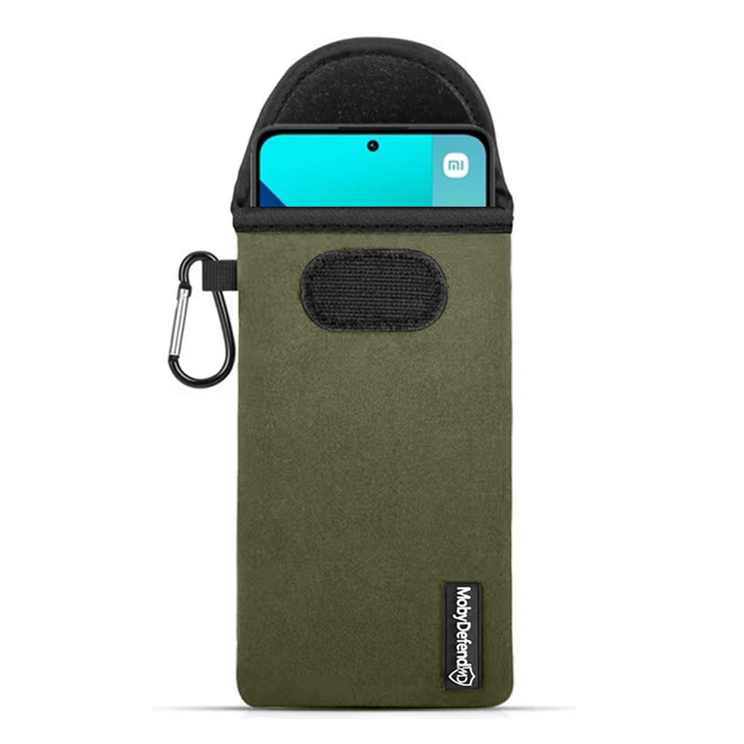Housse de téléphone vert olive avec le haut noir et un téléphone à l'intérieur.