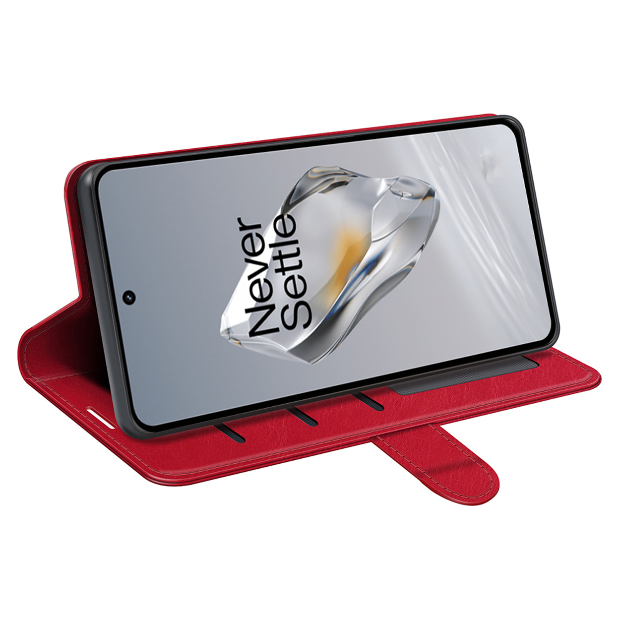 Rode telefoonhoes open met telefoon. Telefoonscherm toont de tekst 'Never Settle'.