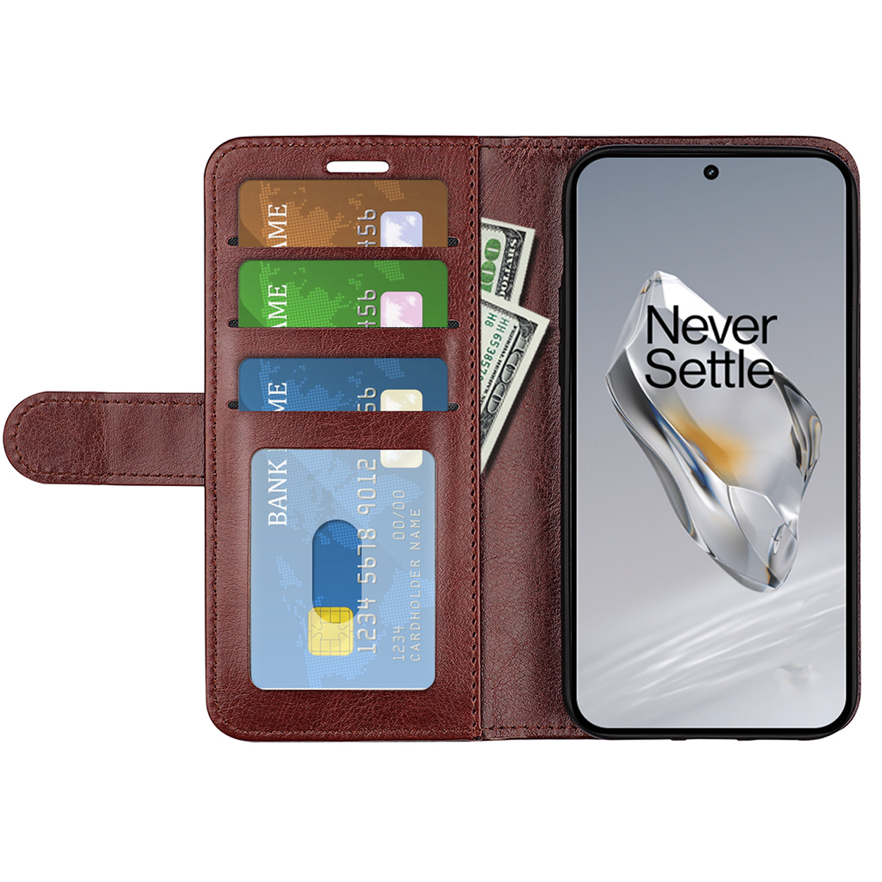 Étui de téléphone marron avec cartes et argent à l'intérieur. Le téléphone affiche les mots Never Settle.