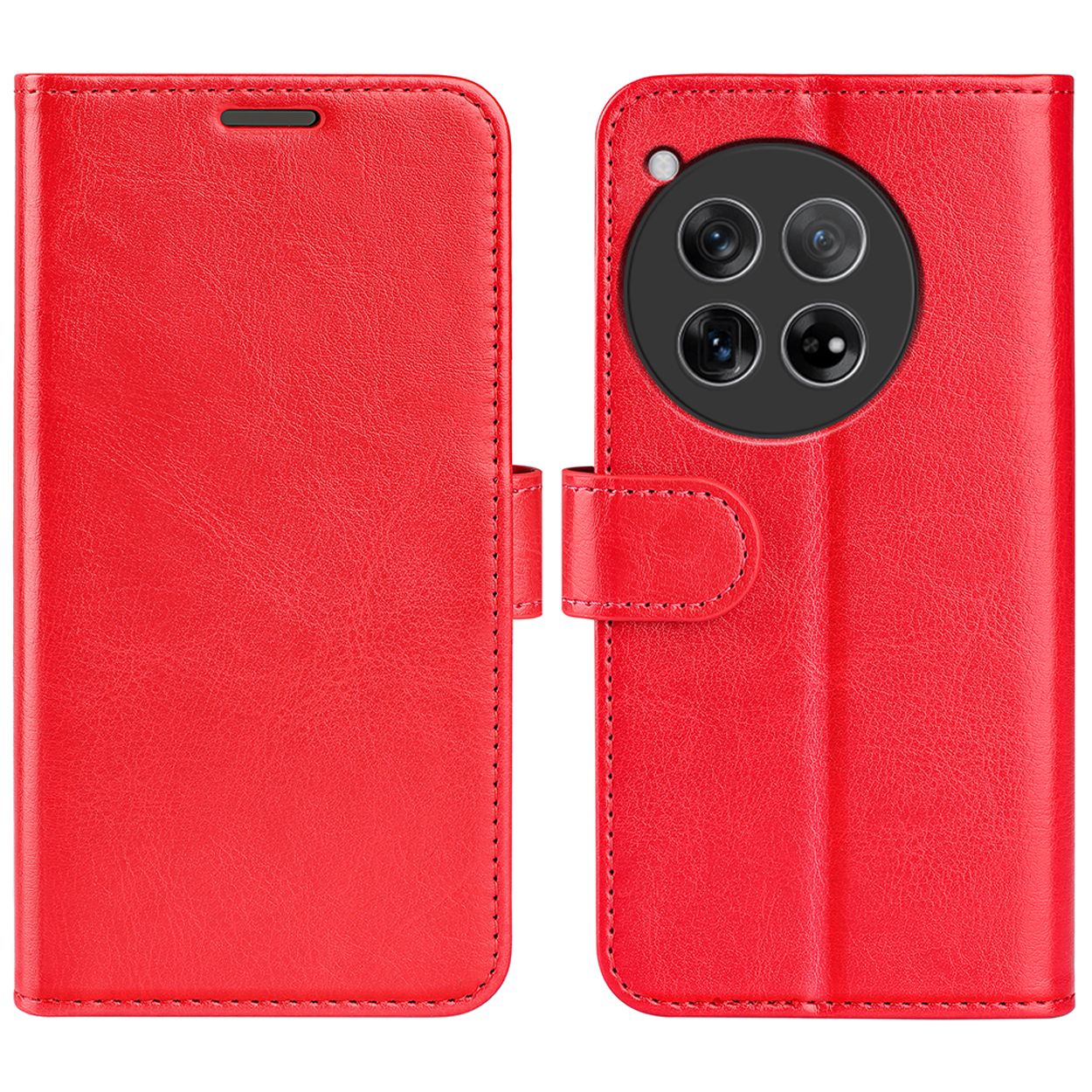 Rode leren telefoonhoes open, met telefoon en camera. Hoes heeft een magnetische sluiting.
