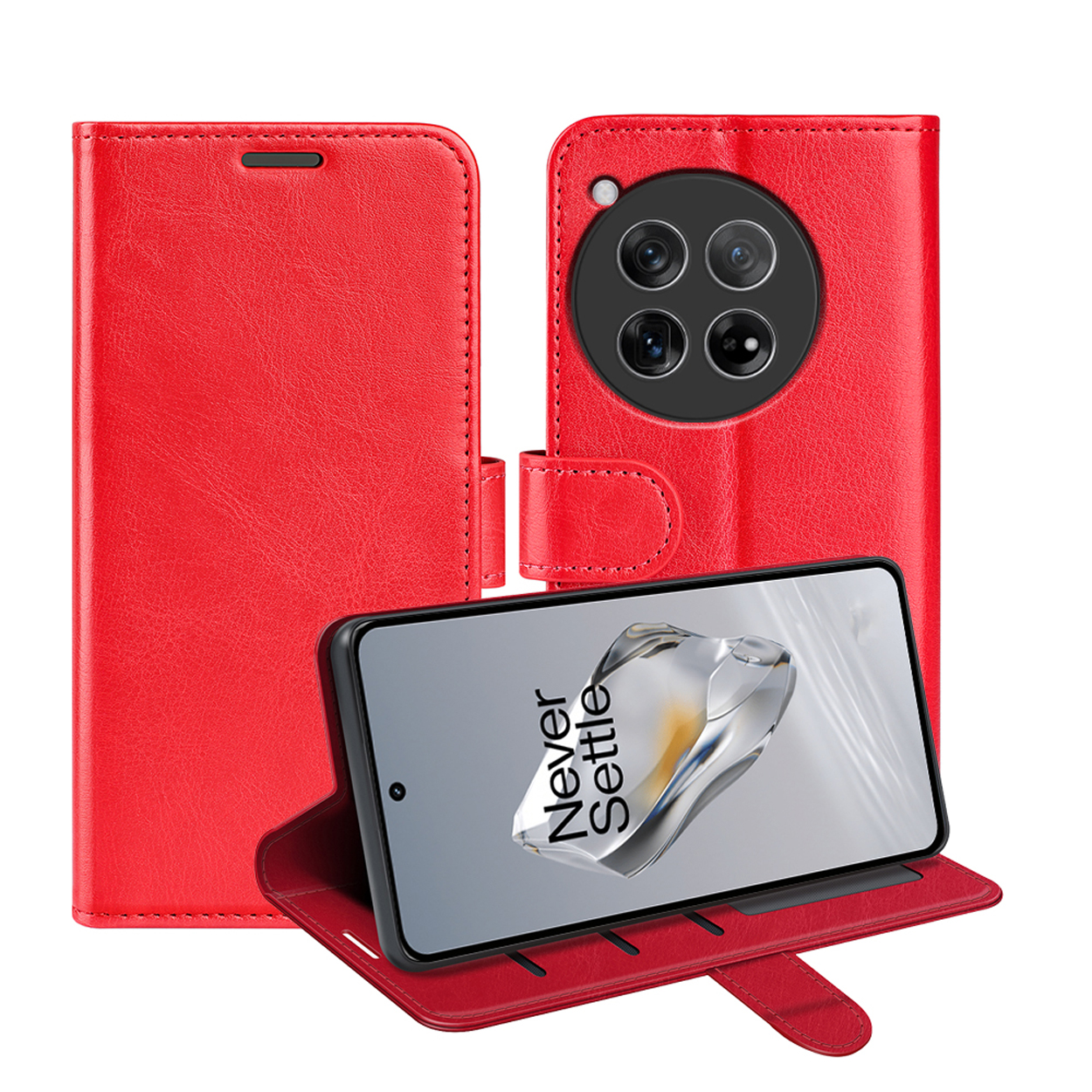 Rode telefoonhoes portemonnee open met telefoon erin. De telefoon toont 'Never Settle'.