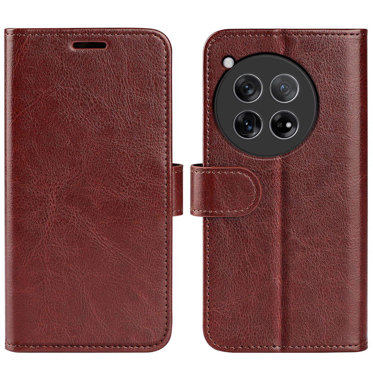 Étui portefeuille en cuir marron pour téléphone, fermé et ouvert, avec un téléphone à l'intérieur.