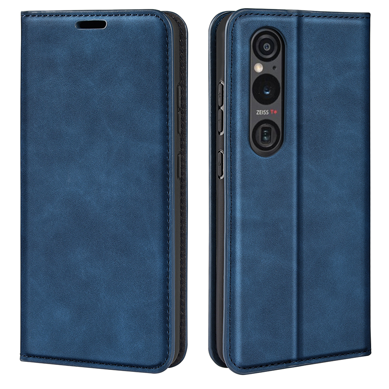 Blauwe leren telefoonportemonnee, open. Telefoon heeft cameralenzen.