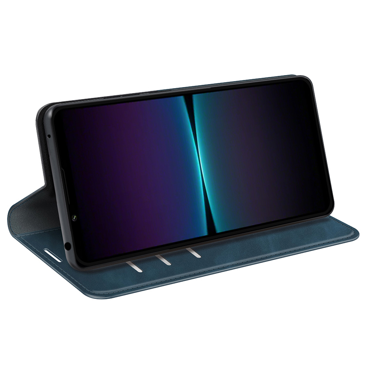 Blauwe telefoonhoes, telefoon in hoes. Scherm zichtbaar met blauwe gradiënt.