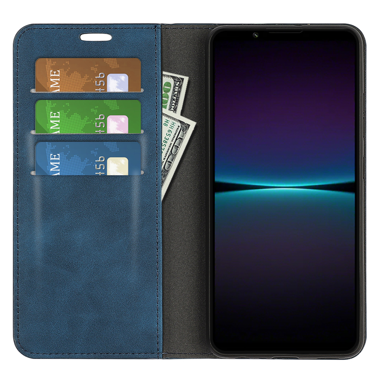 Blauwe portemonneehoes met kaarten en geld. Telefoon rechts.