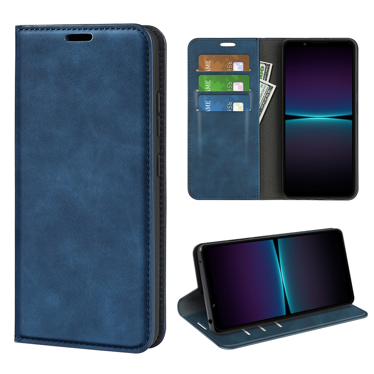 Blauw telefoonhoesje met kaartsleuven. Telefoon is in twee posities zichtbaar.