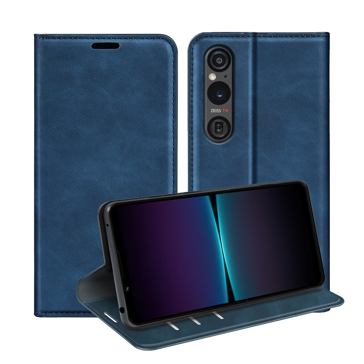 Blauwe leren telefoonhoes met telefoon erin. De hoes is open en de telefoon wordt weergegeven.