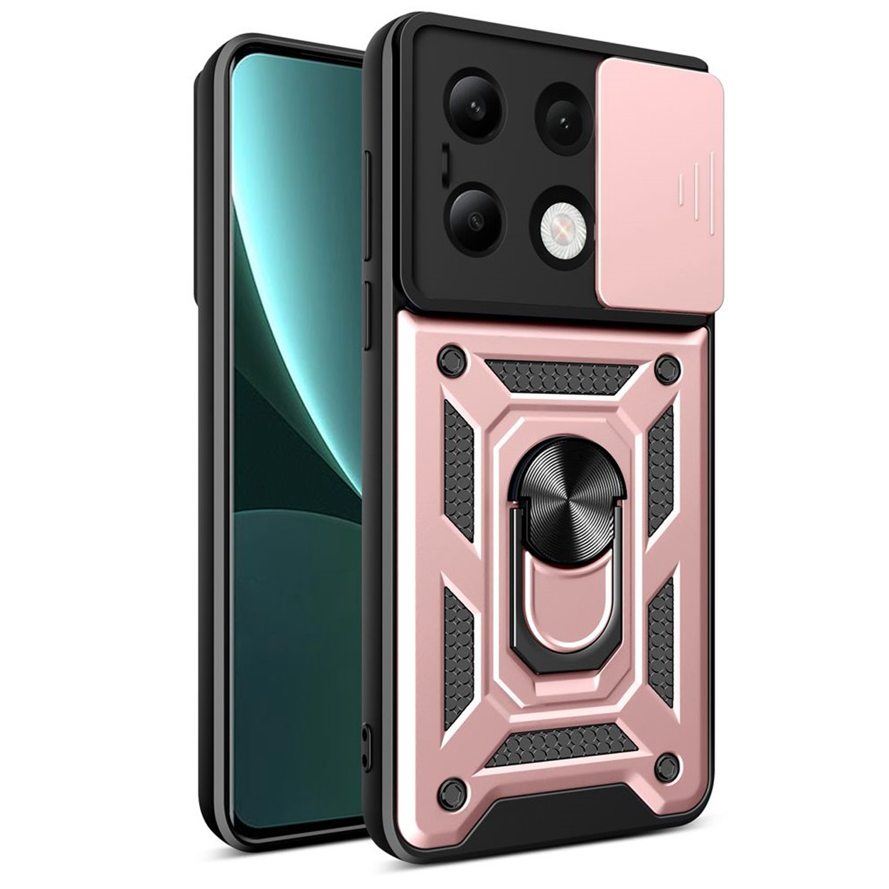 Zwarte en roségouden telefoonhoes. Roze camerahoes. Telefoon gedeeltelijk in de hoes.