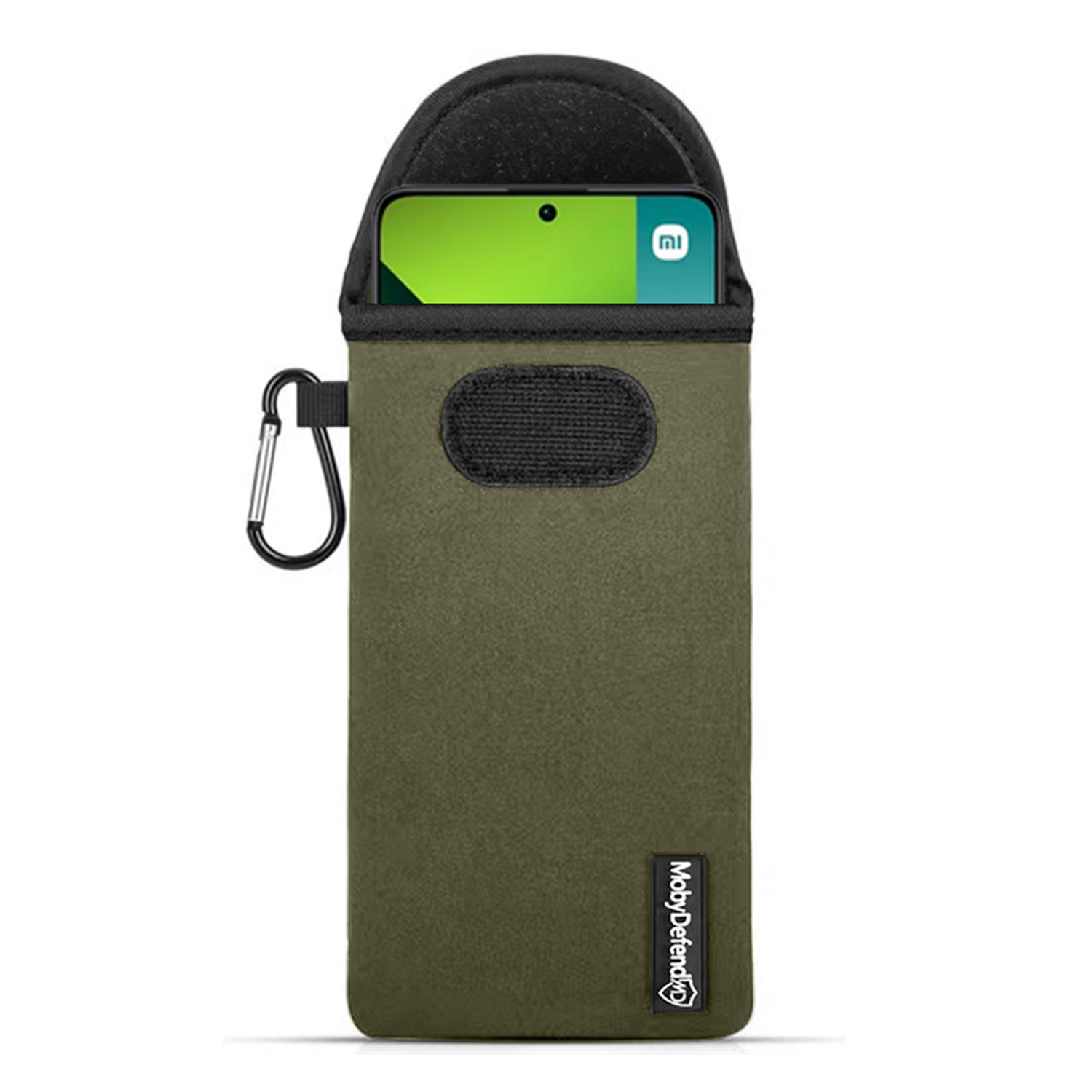 Étui vert pour téléphone avec bord noir, mousqueton et un téléphone à l'intérieur.