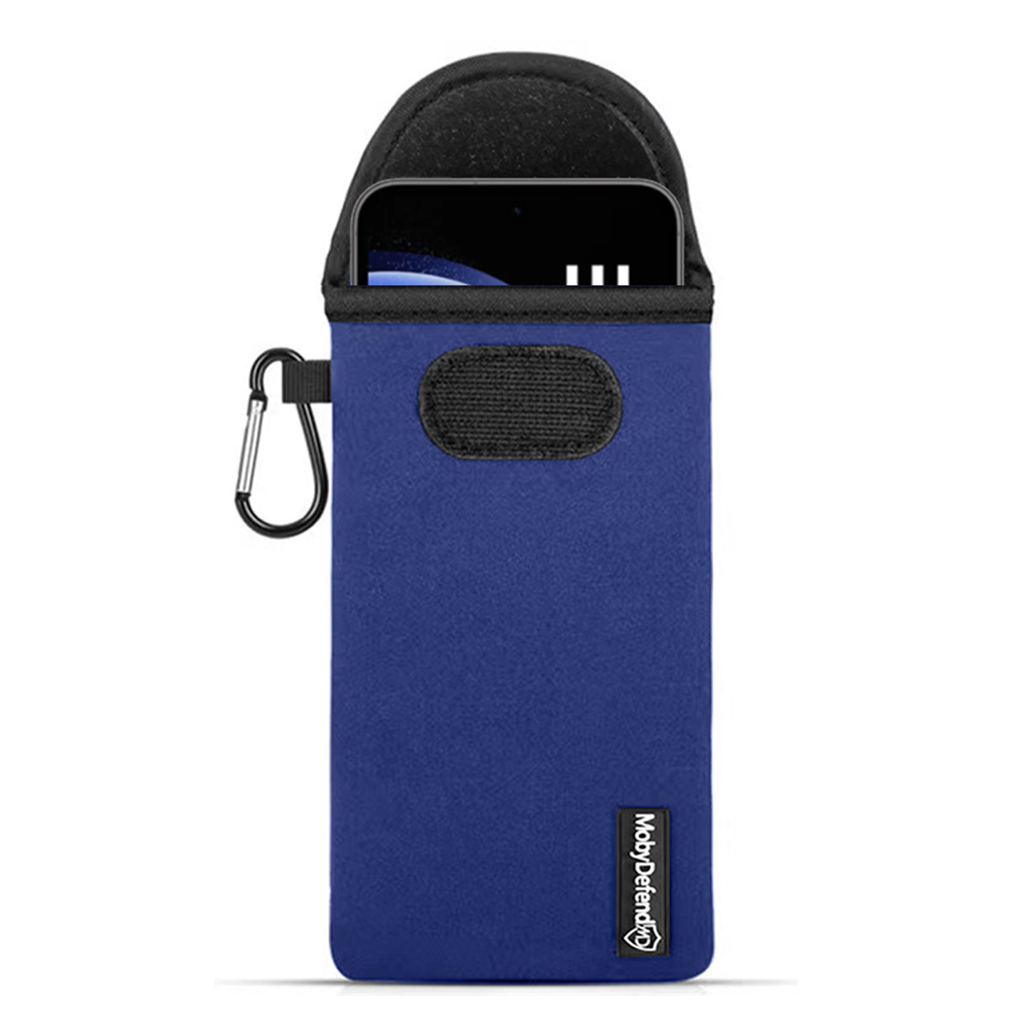 Étui de téléphone bleu avec haut noir, clip argenté et logo noir en bas.