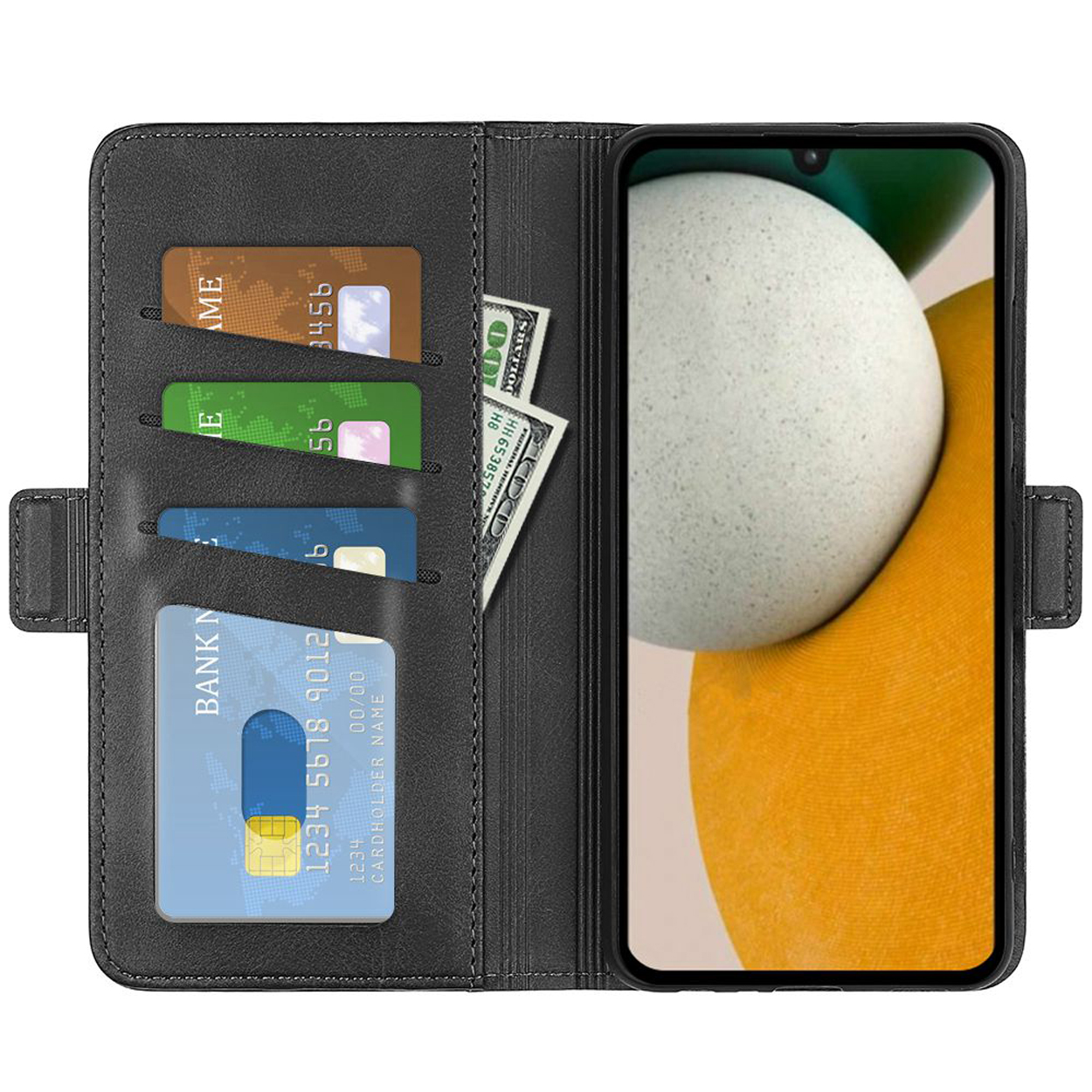 Zwarte telefoonhoes portemonnee open, met kaarten en contant geld. Telefoon toont een oranje en witte achtergrond.