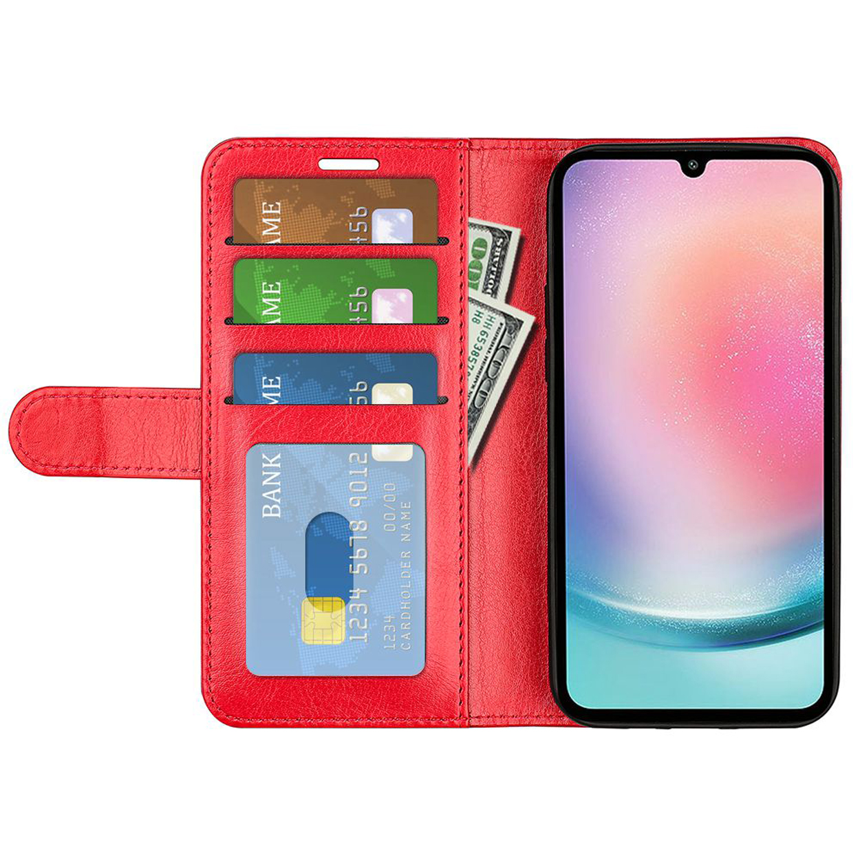 Rode telefoonportemonnee, met kaarten, geld en een telefoon erin.