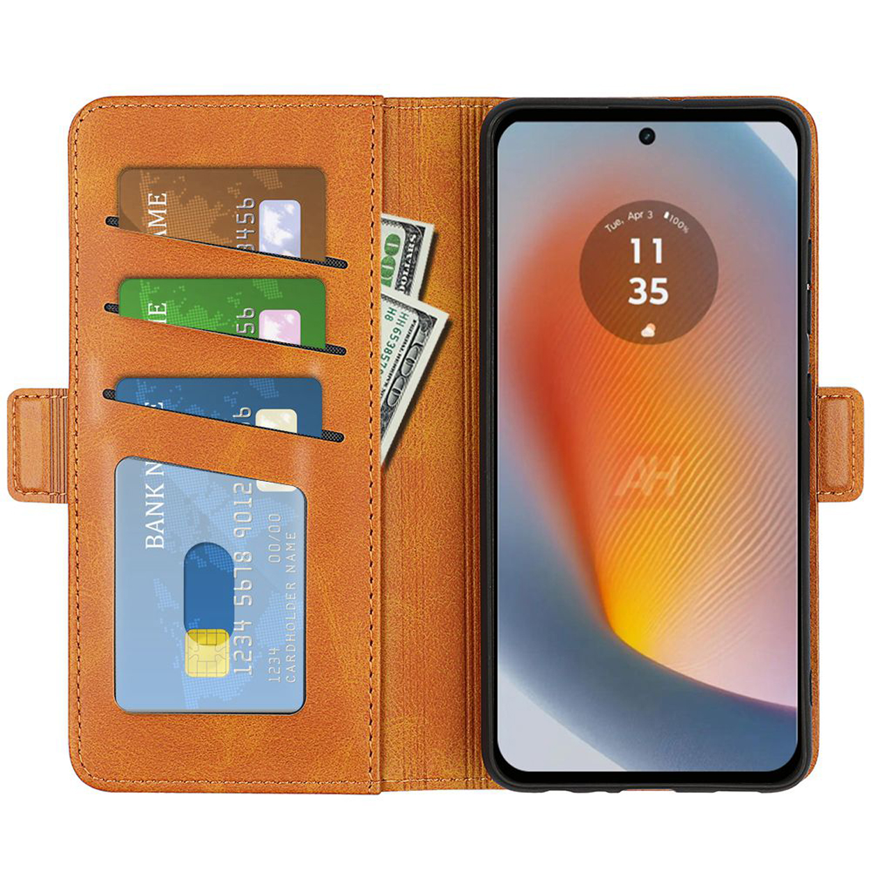 Oranje leren telefoonhoes open met kaarten en geld zichtbaar en telefoon erin.