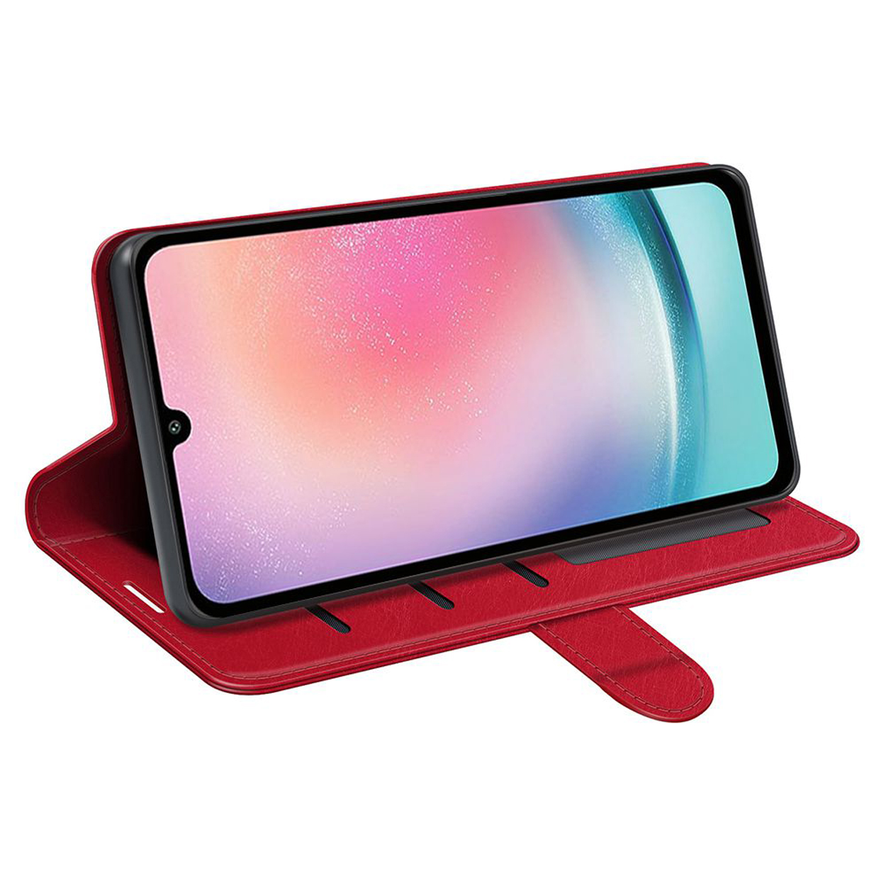 Rode telefoonhoes open met een telefoon. Het scherm toont een patroon.