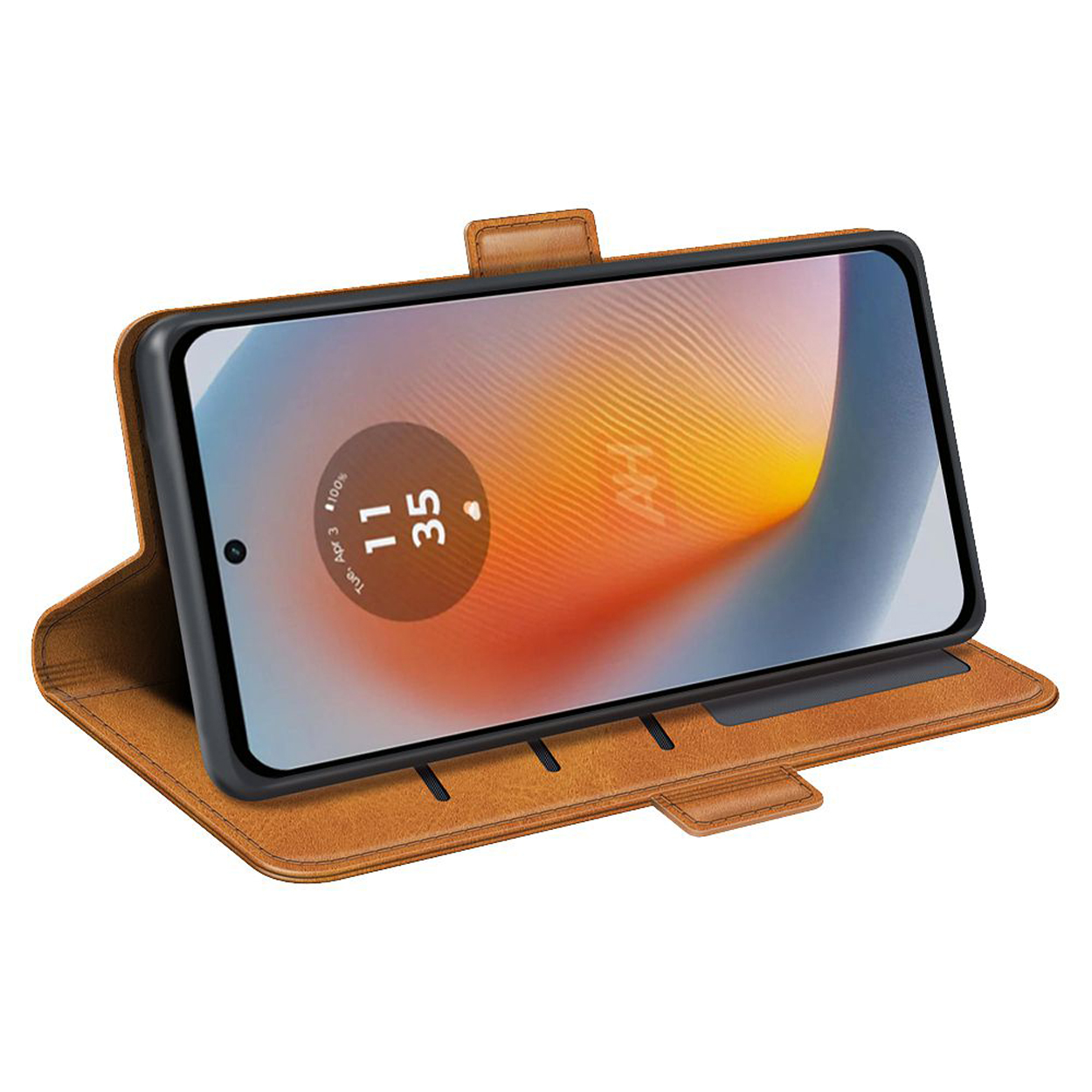 Bruine leren telefoonhoes open, met een telefoon die de tijd en een gebogen achtergrond toont.