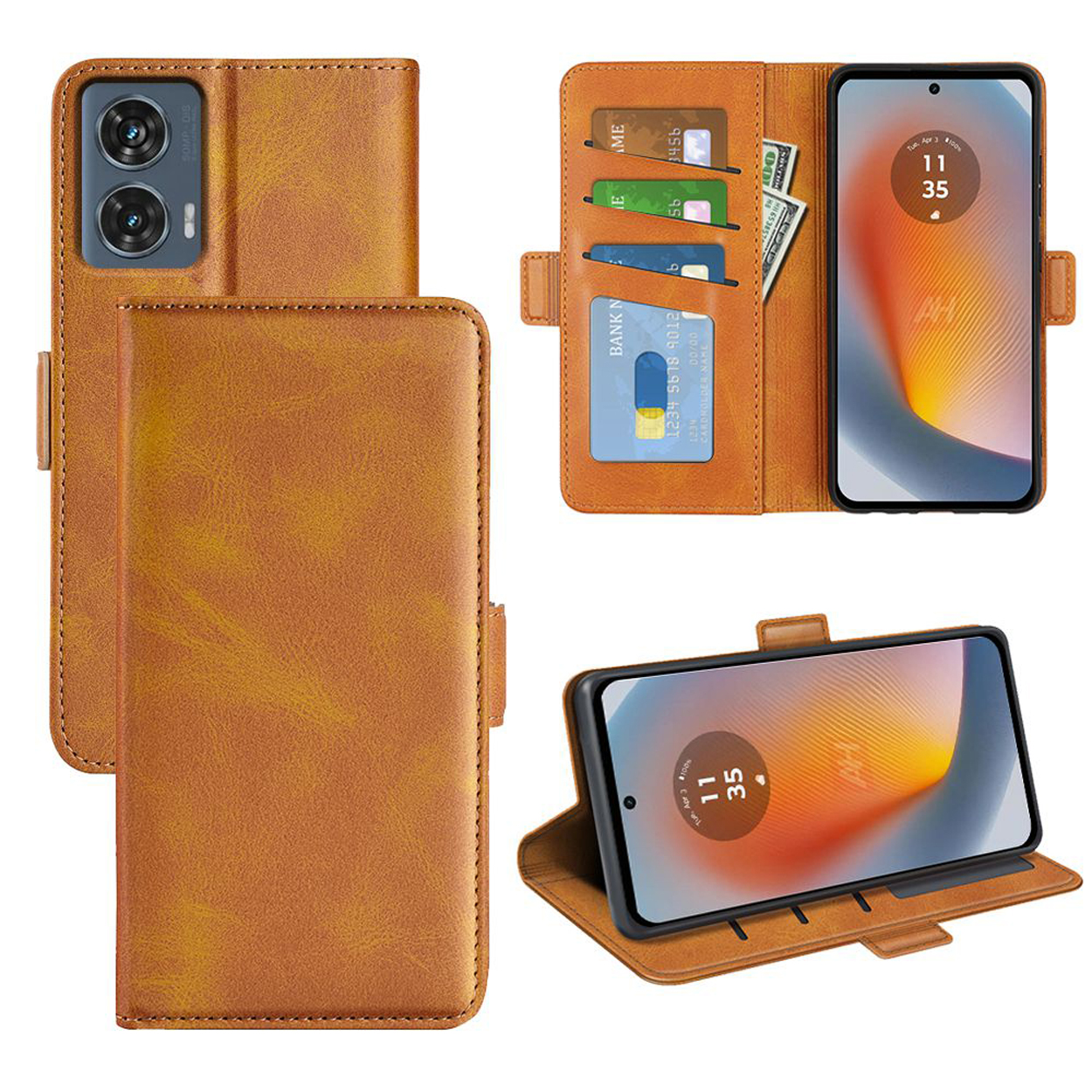 Bruine telefoonhoes, open met telefoon, kaarten en geld. De telefoon toont een klok en een geel ontwerp.