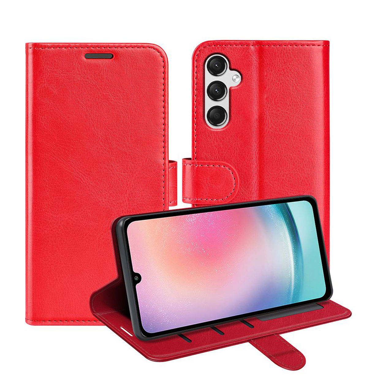 Rode telefoonhoes portemonnee open met telefoon erin. De telefoon toont een gebogen scherm.
