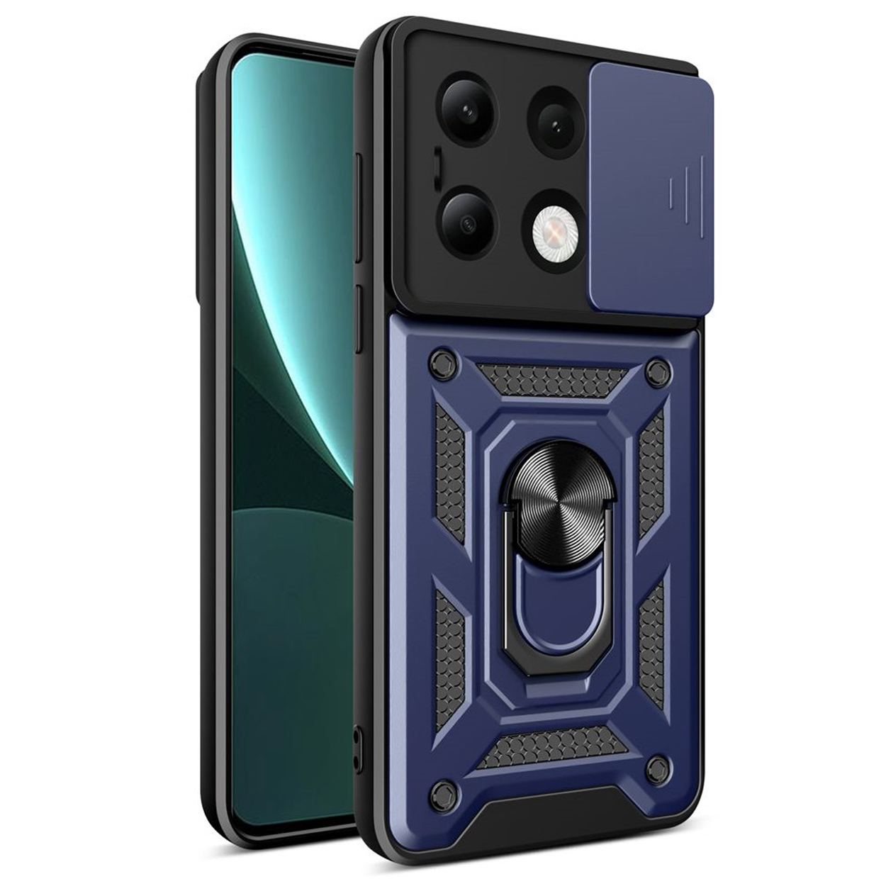 Blauw telefoonhoesje met een telefoon erin. Ringhouder en camerabeschermer.