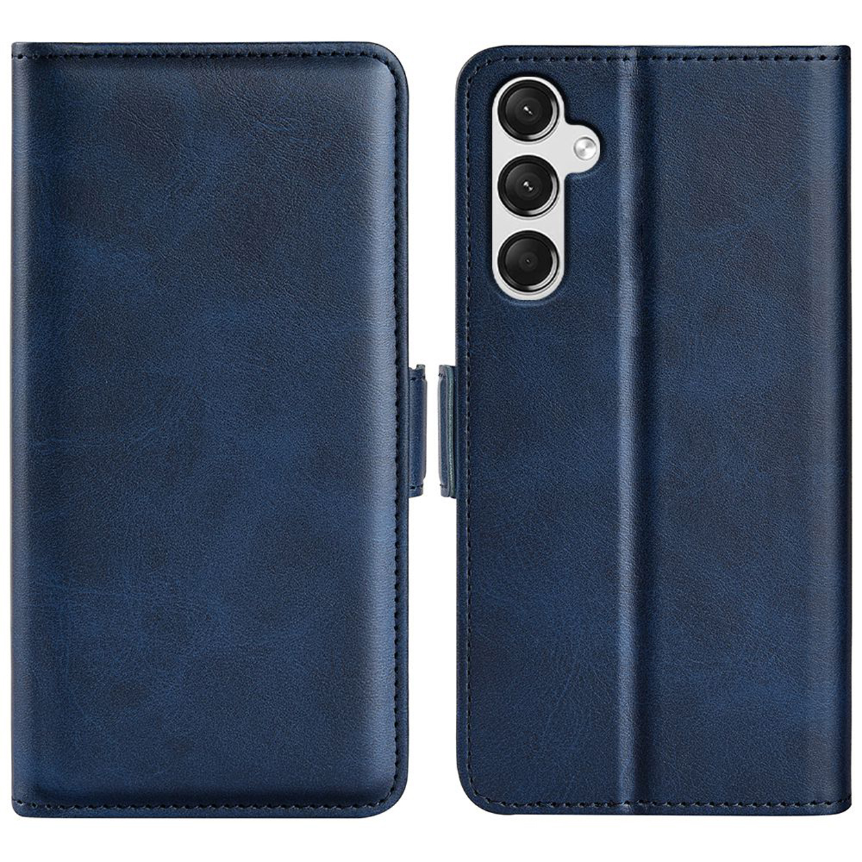 Étui de téléphone bleu, fermé et ouvert. Téléphone avec triple caméra visible. Texture semblable au cuir.