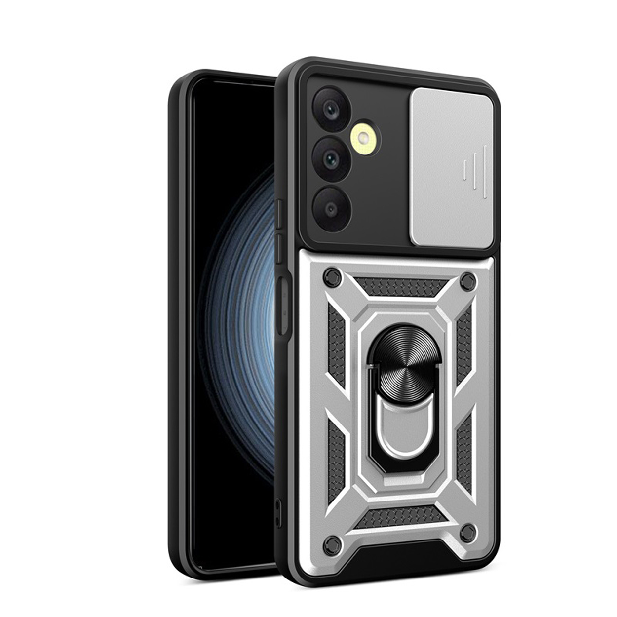 Étui de téléphone argenté et noir avec cache caméra coulissant et support d'anneau. Un téléphone est à l'intérieur.